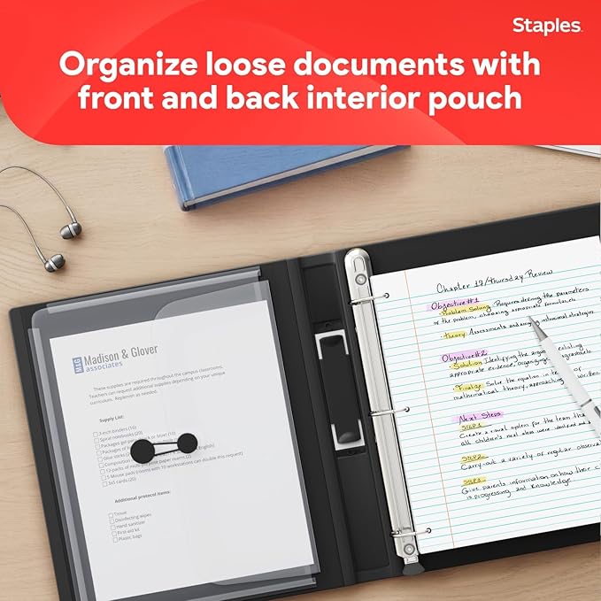 Staples Better 1-Inch D-Ring Binder, Black, Heavy-Duty, 3-Ring | 3-ring binder built for school and office document organization.