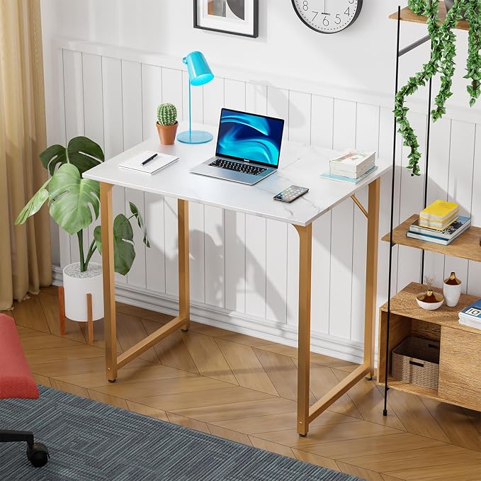 PayLessHere | 32 Inch Computer Desk | White Gold | Sturdy Office Desk | Metal Frame, Adjustable Feet | Water-Resistant, Scratchproof Surface | Writing Table for Home Office or Study | Pack of 1