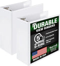 Samsill Durable 5 Inch 3 Ring Binder, D Ring Binder, Customizable Clear View, White, 2-Pack, Holds 1070 Pages