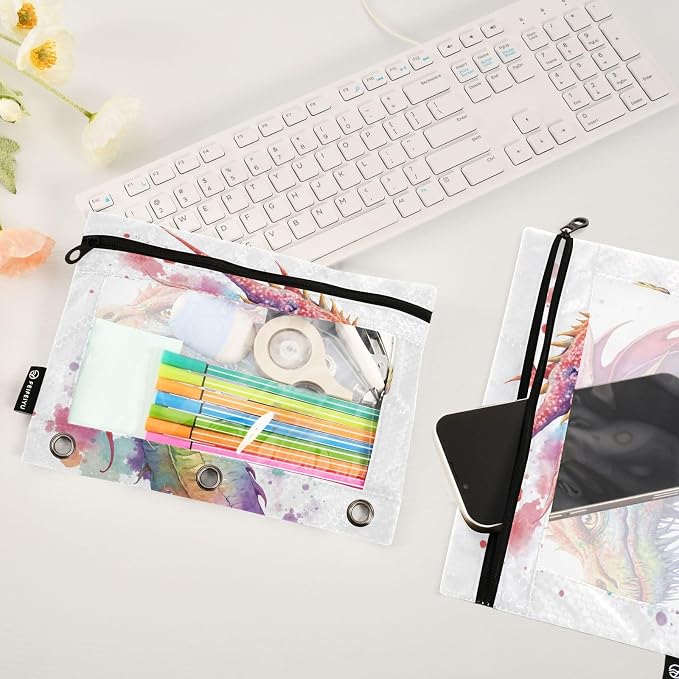 Watercolor Dragon Pencil Pouch for 3 Ring Binder, 2 Pack Waterproof Pencil Bags Clear Window Zipper School Office Supplies