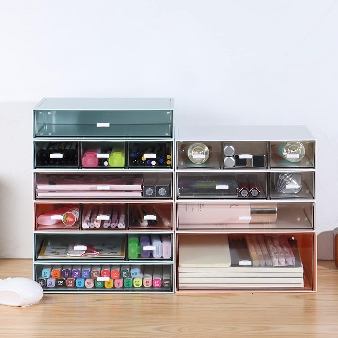 Stackable Storage Drawers, Office Desk Organizer with 7 Flat Drawers | Pink, Plastic Mini Desktop Storage Box, Tabletop Small Craft Drawer for Office Supplies, Makeup Desk Organizer and Accessory