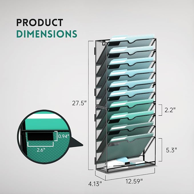 11-Tier Wall File Organizer, Hanging File Holder, Wall Mounted Mail Sorter | Metal Mesh Hanging File Organizer with Open Compartments and Label Panels for Papers and Folders at Home, Office or School