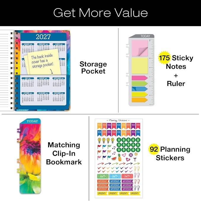 HARDCOVER Academic Year 2026-2027 Planner: 14 Months (May 2026 Through June 2027) 5.5"x 8" Daily Weekly Monthly Planner Yearly Agenda. Bookmark, Pocket Folder and Sticky Note Set (Rainbow Petals)