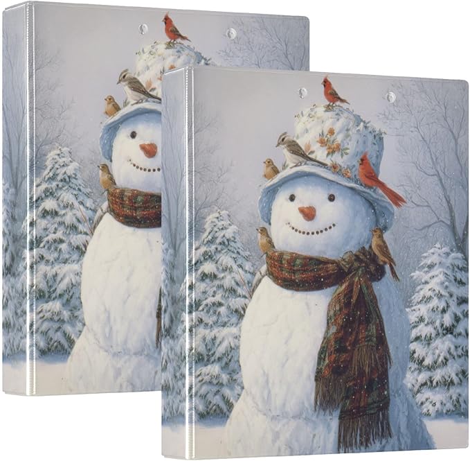 Birds and Winter Snowman Binder 3 Ring 1.5 Inch Binder with Clipboard&Pockets, Hardcover Binders Heavy Duty Large File Folder for Office School Supplies - Holds 200 Sheets, 2 PC