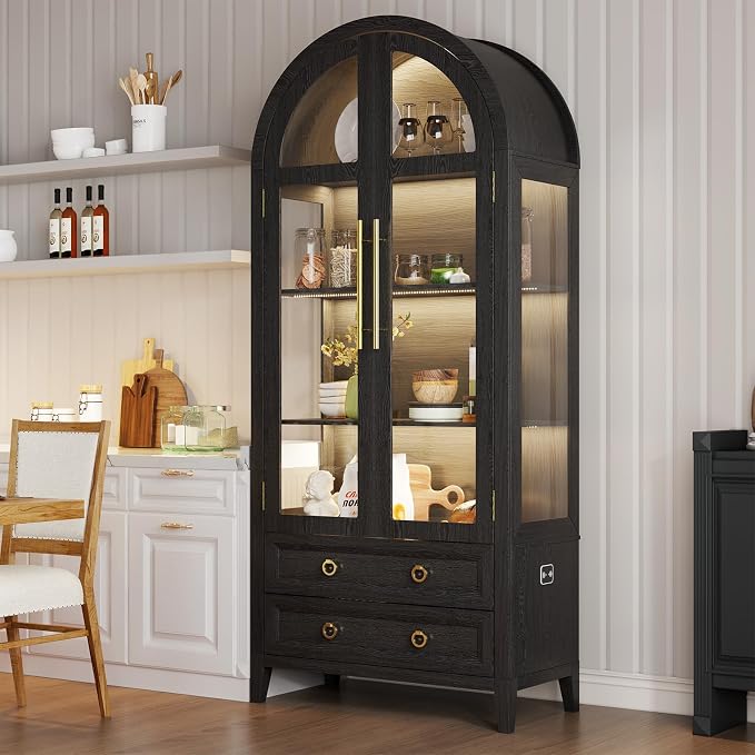 Arched Curio Cabinet with Glass Doors, 4-Tier Display Cabinet with 2 Drawers, Tall Bookcase with 3 Color Lights, Display Case, Kitchen Pantry (Black)