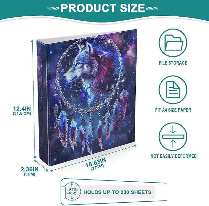 3 Ring Binder Wolf Head Dreamcatcher Galaxy 1.5" Round Ring Binders View Binder with 200 Sheet for Women Men Office Kids School Supplies, 1 Pack