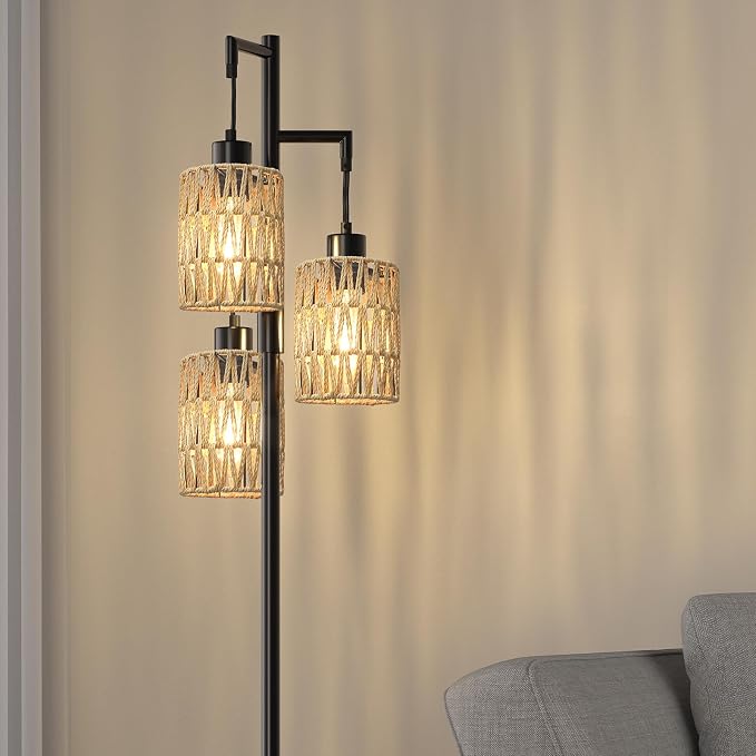 70" Floor Lamps for Living Room, Stepless Dimmable Boho Floor Lamp with 3 Bulbs, Tall Farmhouse Industrial Corner Standing Tree Lamp for Bedroom, Office, Study Room, Dining Room, Black