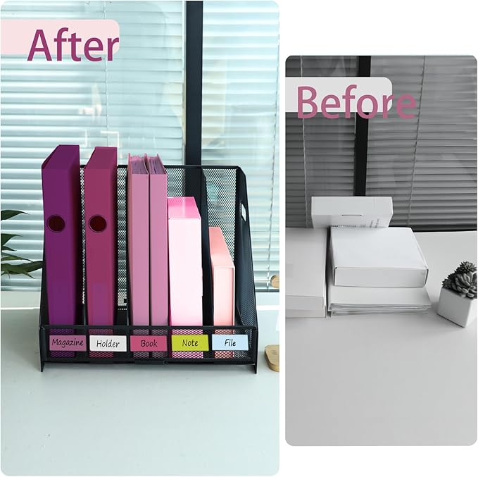 Desk Organizers, Metal Magazine File Holder with 5 Vertical Compartments Rack Binder File Organizer for Office Supplies, Home Workspace - Black