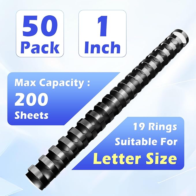 TOTiyea 50 Pack19 Ring Plastic Binding Combs, 1 Inch Diameter,200 Sheet Capacity, Letter Size, Black Comb Binding Spines | Binding combs,Black,8.5"x11",For educators custom teaching References,classroom organization,work supplies