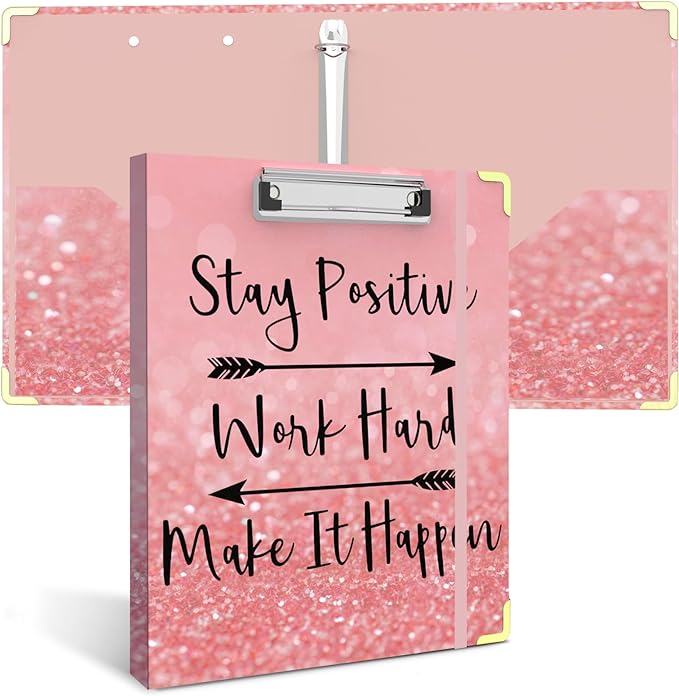3 Ring Binder 1 Inch, Cute Pink Decorative Hardcover Low Profile Clipboard with Storage, 1'' Round Ring Binders for Letter Size Paper, Binder Organizer for School Office Supplies(Stay Positive)