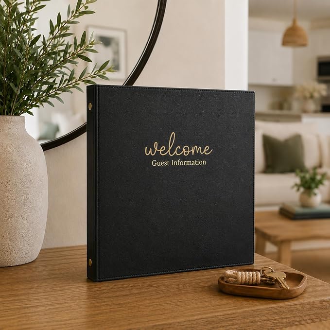Paper 'n Such Welcome Binder for Short Term Rentals – Black Faux Leather 3 Ring Folder for Airbnb, Vacation Home, House Manual & Guest Information - Letter Size
