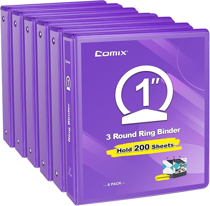 COMIX Sturdy 1 Inch 3 Ring Binder with Clear View Cover | 1"Heavy Duty Round Ring,PVC-Free Board,Holds 200 Letter Sheets,Wholesale for Offices & Classrooms,6 Pack (Purple)