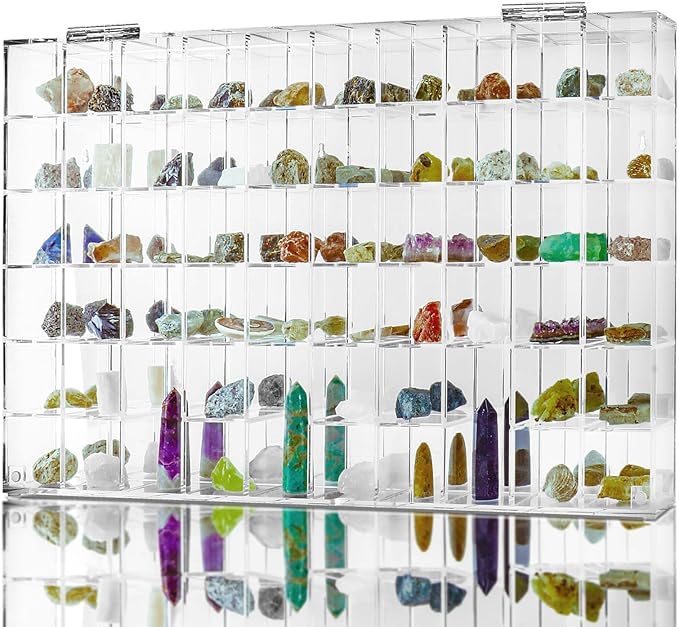 Adjustable Seashell Display Case Box Large Rock Fossil Arrowhead Case | Crystal Organizer Clear Wall Mounted & Desktop 60 Room Shadow Box for Mini Pop Figure, Collectibles, with Mirrored & Lid