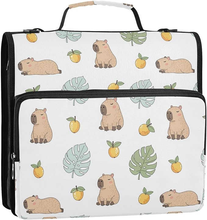 Capybara Cute Print Zipper Binder Bag 3 Ring with Shoulder Strap & Handle Multi Pocket Binder Organizer Bag Large Capacity for School Office Supplies