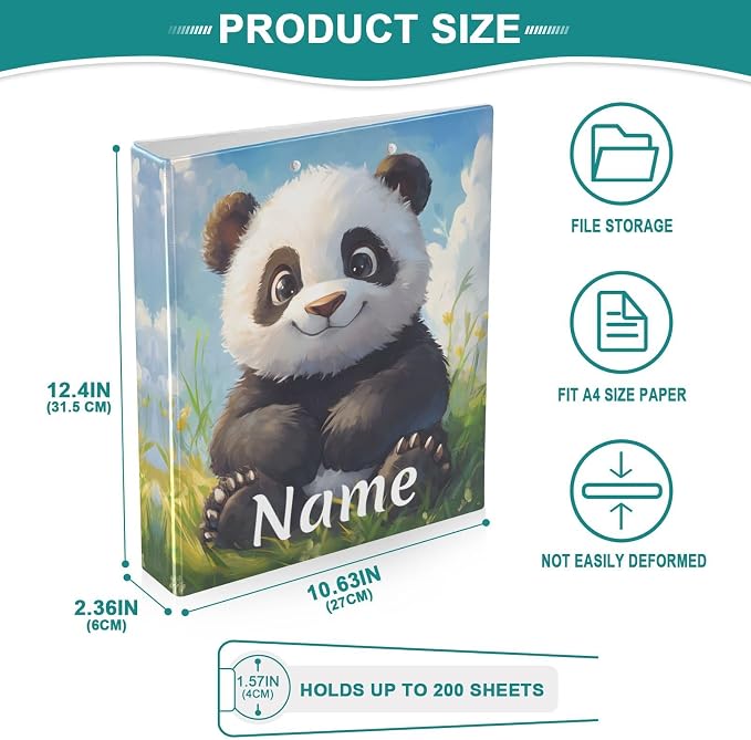 Custom 3 Ring Binder Panda in Grass 1.5" Round Ring Binders Personalized Name View Binder with 200 Sheet for Kids School Supplies Women Men Office, 1 Pack