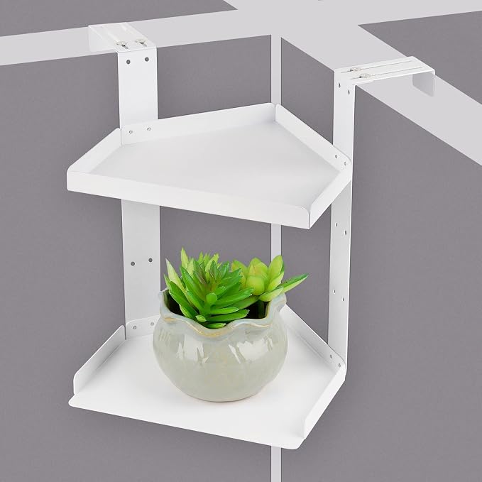 Office Cubicle Shelf, Double Layer Cubicle Storage with Adjustable Hooks | Shelf Organizer Accessories, Height Adjustable Hanging Corner Shelf Store for Plant, Book, Photo Frames, Paper Towel, White