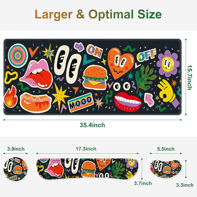 Large Gaming Mouse Pad Set, 4 in 1 Extended Keyboard Desk Mat with Wrist Rest, Computer Game Mousepad, Non-Slip Desk Pad Protector Easy Typing Pain Relief for Home Office I Cartoon Heat Lips