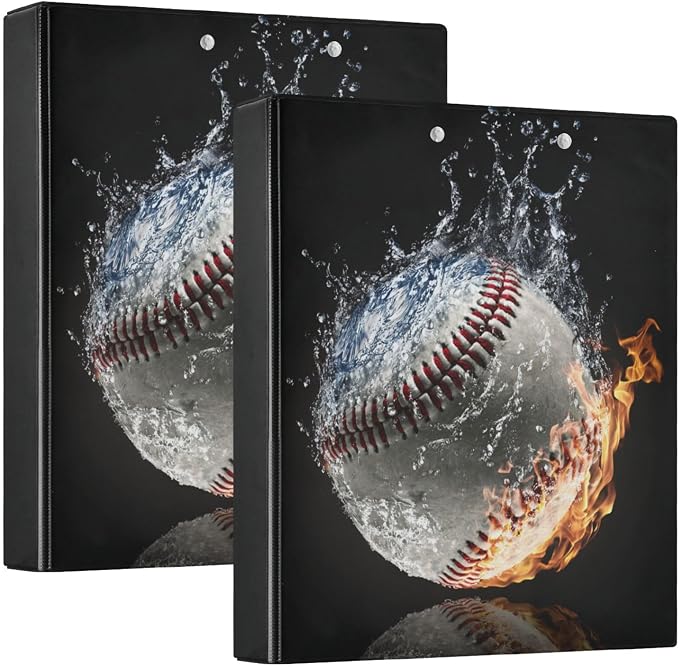 Fire&Water Baseball Sport Theme Binder 3 Ring 1.5 Inch Binder with Clipboard&Pockets, Hardcover Binders Heavy Duty Large File Folder for Office School Supplies - Holds 200 Sheets, 2 PC