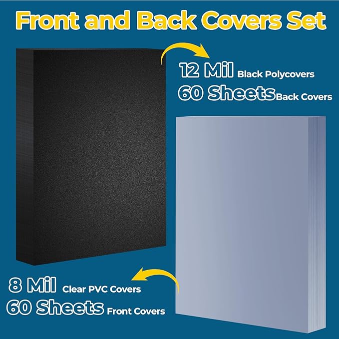 120PCS Binding Covers and Backs Set, 8.5 x11 Inch Clear Book Cover | 60Pcs 8mil Clear PVC Binding Cover, 60Pcs 12mil Black Poly Cover, Letter Size, Un-Punched, Square Corners, for Home Office