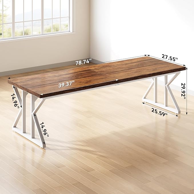 LITTLE TREE 78.7 Inch Large Executive Desk, Modern Computer Office Desk, Wooden Writing Desk Study Table for Home Office, Rustic Brown-White