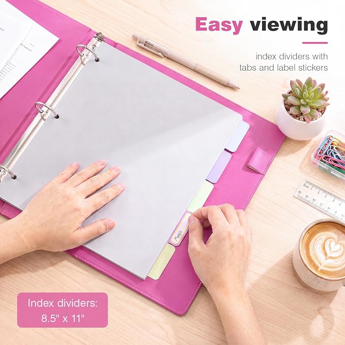 Ospelelf Vintage Hardcover 3 Ring 1 inch Leather Binder, Professional Binder Organizer Suitable for Letter Size, Binder Dividers with Tabs, Glitter Rose Pink