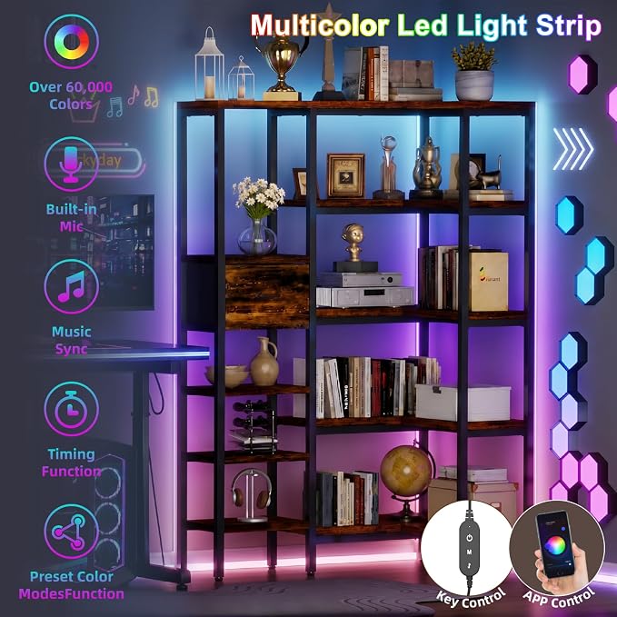 L-Shaped Corner Bookshelf with LED Light Strips & Fabric Drawer, 5-Tier Industrial Convertible Book Shelf Freestanding Display Shelf for Living Room, Home Office, Bedroom (Rustic)