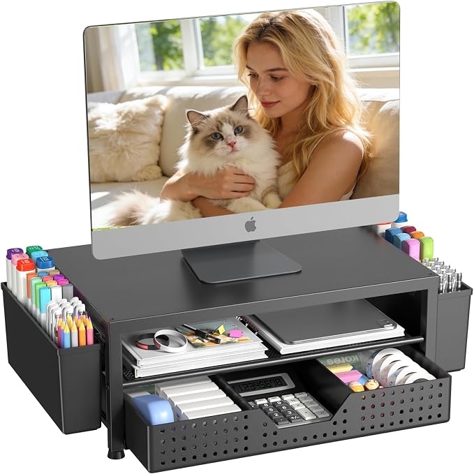 Desk Organizers and Accessories, Computer Monitor Stand Riser with Drawer and 2 Pen Holders, Printer & Laptop Stand, Office Desk Accessories & Workspace Organizers for Home Office Supplies, Black