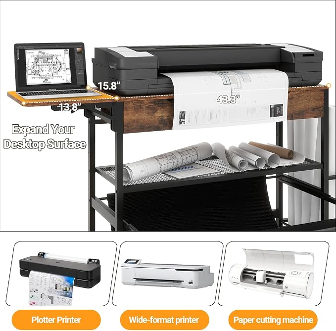 Natwind Wide Format Printer Stand,Plotter Table with Laptop Station,Retro | Plotter/Cutting Machines Stand, with Pull-out Drafting Collection,Roll Paper Holder,Accessory Drawer & Adjustable Shelf