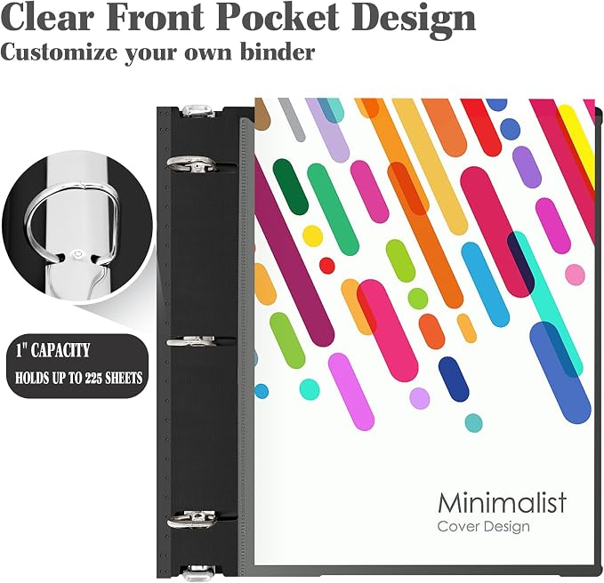 INFUN 1 Inch Telescoping 3 Ring Binder - 6PCS, Flexible Round Binder with Customizable Front Cover and Clear Catalog Pocket, 1Inch Rings, Black–Perfect for School, Office & Home