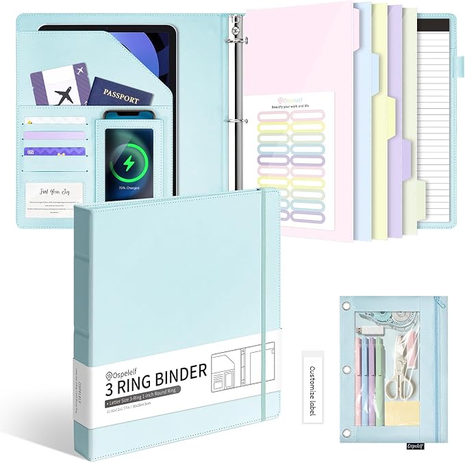 Ospelelf Leather 3 Ring Binder for Letter Size Documents with Pocketed Storage Dividers, Pencil Pouch & Notepad, 1 Inch Round Rings, Holds 175 Sheets, for Office School Home Organization, Light Blue