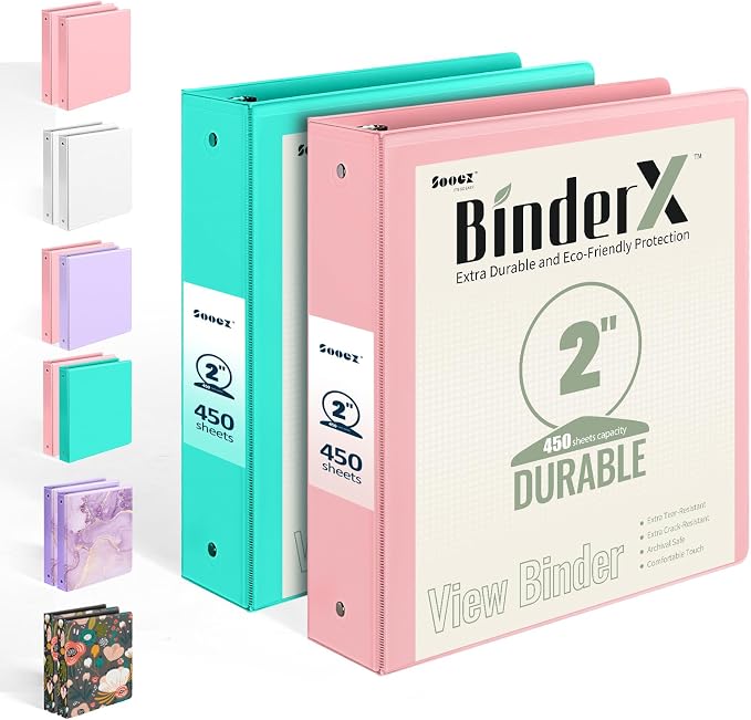 2 Pack BinderX Extra Durable 3 Ring Binder, 2 Inch Binder Round Ring, Fits 900 Sheets of 8.5x11 Paper, Customizable View Cover with Inside Pockets, Cute School Supplies for Girls, Pink & Aqua Blue