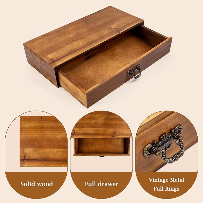 Office Desk Organizer with Drawers Light Brown Vintage Wood Desktop Storage Box Workspace School Supplies Farmhouse Kitchen Countertop Organizer Makeup Storage Box for Home Toiletries Supplies Vanity