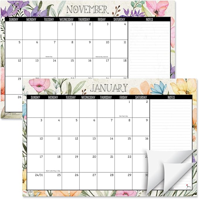 Current 2027-2028 Desk Calendar Pad | Meadow Dance, 11” x 16.25”, Large, 2024-Month, 12 page Designs, Self-Stick Magnet Strips
