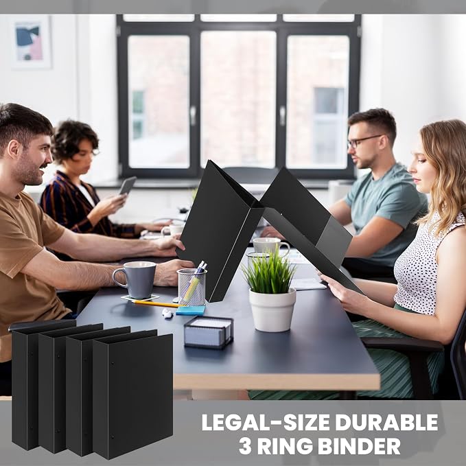 Henoyso 4 Pcs Legal Size Binder 3 Ring 2" Durable Black Binders for 8.5" x 14" Paper Hold up to 375 Sheets for Documents Artwork Blueprints, Office, Home, Work Places