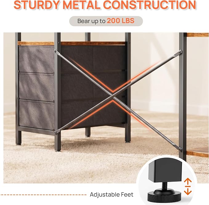 Alpen L Shaped Computer Desk, 55 Inch Corner Desk with Drawers and Power Outlets, Home Office Desk for Gaming, Study Writing PC Table with Storage and Reversible Shelf, Brown