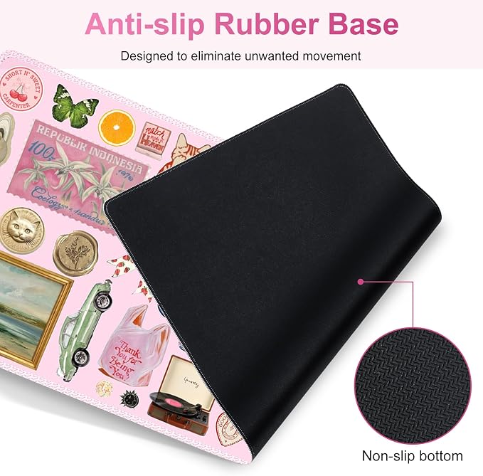 Desk Mat Pad, Gaming Mouse Pad Wrist Support Set, 4 in1 Non-Slip XXL Large Mousepad + Ergonomic Keyboard Wrist Rest+Mouse Wrist Rest+Coaster for Home Office Computer I Pink Colorful Stickers