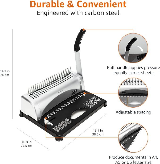 Amazon Basics Comb Binding Machine, 350 Sheets Capacity, Punches 12 Sheets, for Paper Sizes A5(15 holes)/Letter(19 holes)/A4(21 holes) with Adjustable Margin, Grey