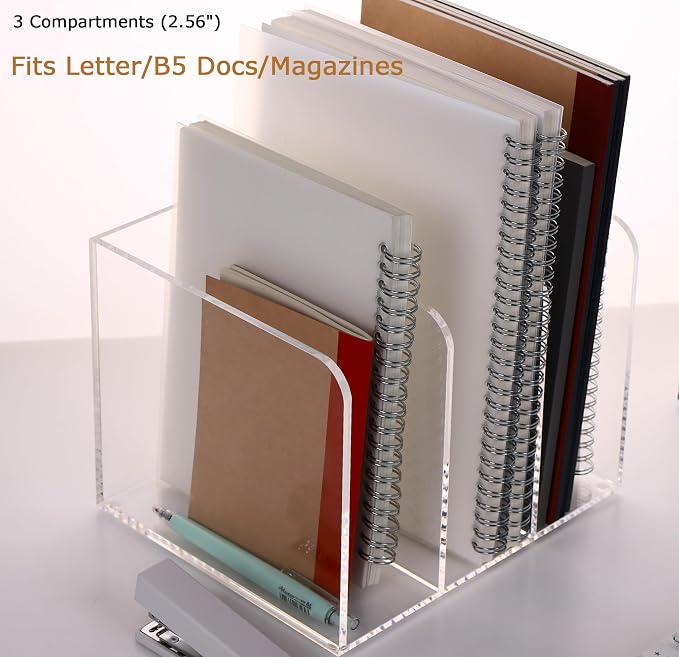 Acrylic Desk File Organizer, 3-Section Vertical File Folder Rack,Clear | Desk Organizer for Documents, Tablets, Magazines, Books & Accessories, Ideal for Office, Home & Classroom