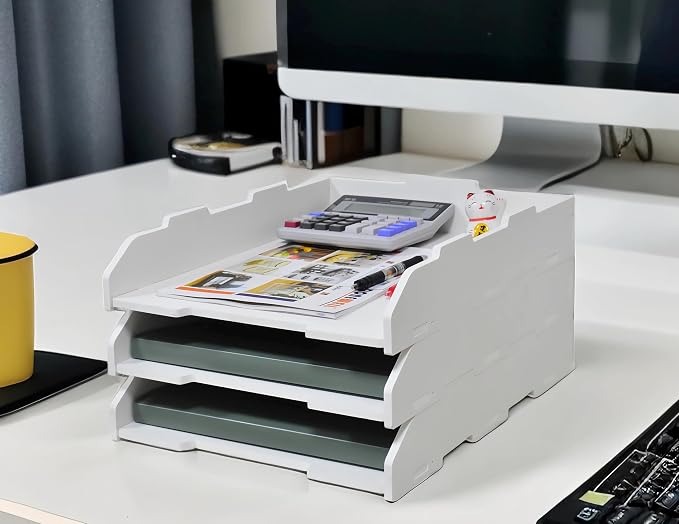 A3 Stackable Paper Tray, 3 Tier Desk File Organizer, Desktop Organizer for Office Supplies, File Storage, Letter Organizer /A3 Office File Folder,Home or Office School, White (Portrait-White-3-Tier)