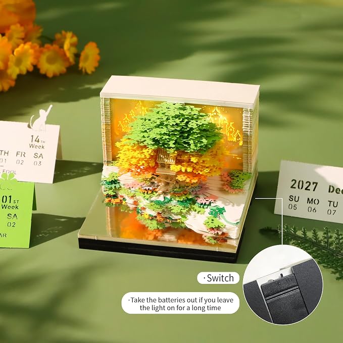 3D Time Piece Calendar, 2027 Desk Calendar With LED Light, 3d Tree Memo Pad Creative Desk Calendar, Christmas Gift for Colleague Friend, Desktop Decoration