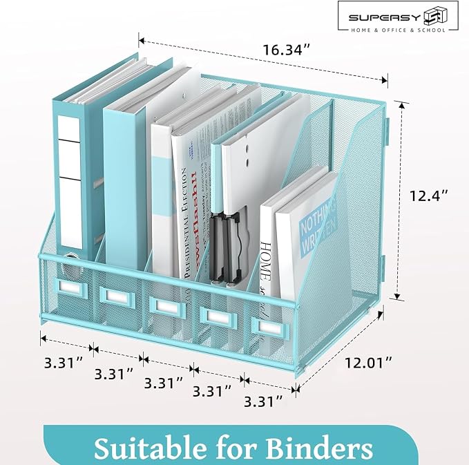 Desk Organizers Metal Desk Magazine File Holder with 5 Vertical Compartments Rack File Organizer for Office Desktop, Classroom, Home Workspace, Blue Plus