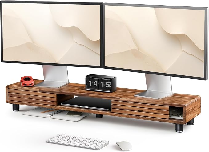 Tinamo 42.5" Dual Monitor Stand Riser with Sliding Doors – Solid Acacia Wood Desk Shelf for 2 Monitors, Desktop Organizer with Storage, Ergonomic 5" Height for Computer, Laptop, Printer, TV