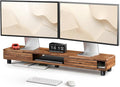 Tinamo 42.5" Dual Monitor Stand Riser with Sliding Doors – Solid Acacia Wood Desk Shelf for 2 Monitors, Desktop Organizer with Storage, Ergonomic 5" Height for Computer, Laptop, Printer, TV