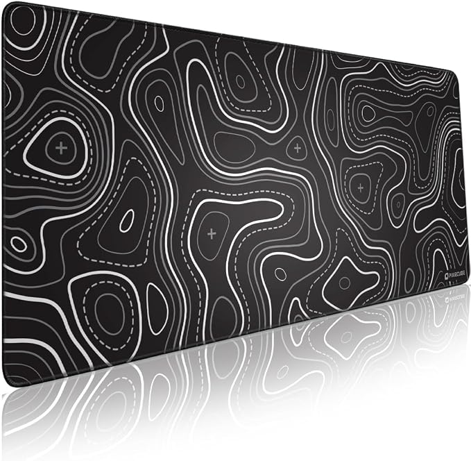Pixiecube Minimalist Topographic Map Mouse Pad - Contour Extended Large Stitch Edge Mousepad. Black & White Non-Slip XXL Gaming Desk Mat
