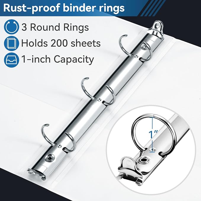 SUIN Mini 3 Ring Binder A5 Size 5.5"x8.5", 1" Round Ring 200 Sheet Capacity, Bulk 6 Pack White Binders for School Office