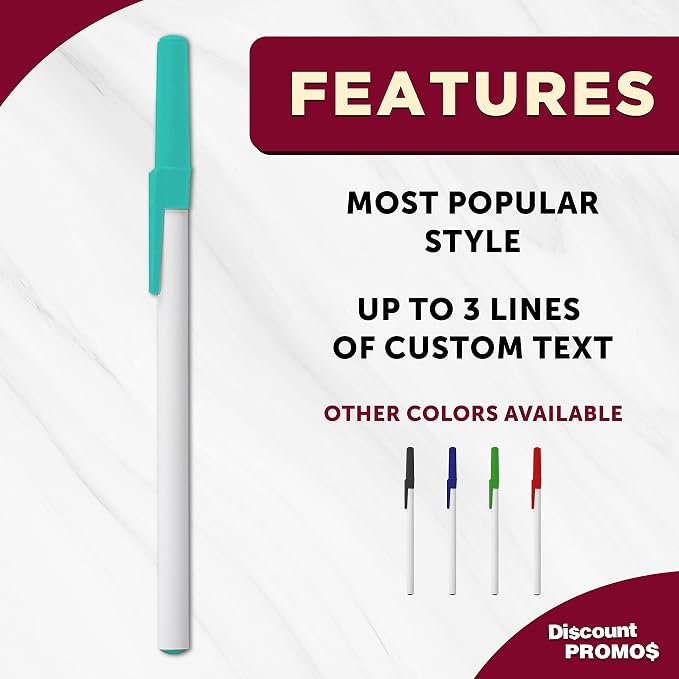 DISCOUNT PROMOS Value Stick Pens Set of 10, Bulk Pack - Black Ink, Great for Office, School, Business, Tradeshows, Events - Teal