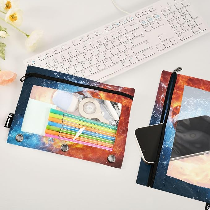 American Football Fire Water Pencil Pouch for 3 Ring Binder, 2 Pack Waterproof Pencil Bags Clear Window Pencil Case Zipper School Office Supplies