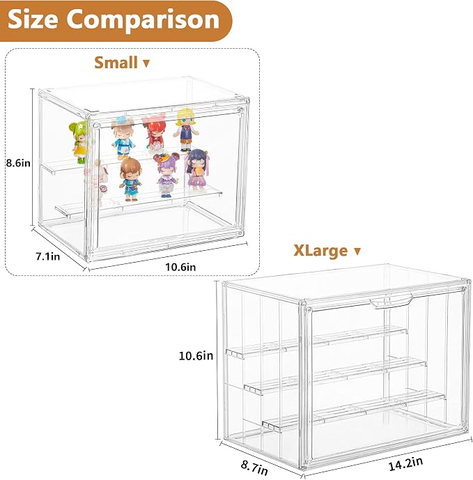 Small 3 Layer Acrylic Display Case Stackable Box for Collectibles,4 Pack | Removable Adjustable Partitions & Magnetic Door,Interlocking Stable Structure Clear Showcase for Collectibles Figure Storage
