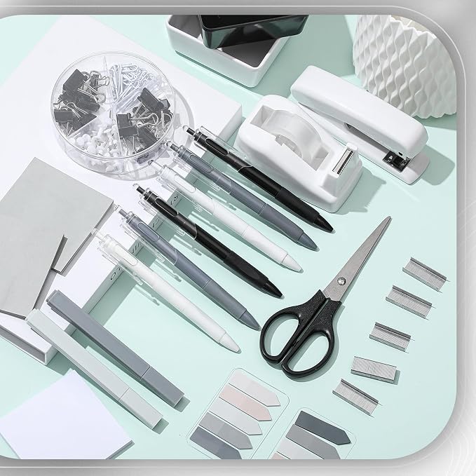 Kosiz 27 Pcs Black and White Desk Accessories Gift for Aesthetic Desk Organizer White Office Supplies Pen Holder Sticky Notes Stapler Binder/paper Clips Scissor Staple for Back to School(Classics)