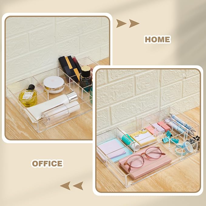 Briwooody 3 Pcs Clear Acrylic Desk Drawer Organizer 13.7 x 8.7 x 2 Inch Drawer Organizer Trays with 8 Compartments Desk Accessories for Office Makeup Silverware Bathroom
